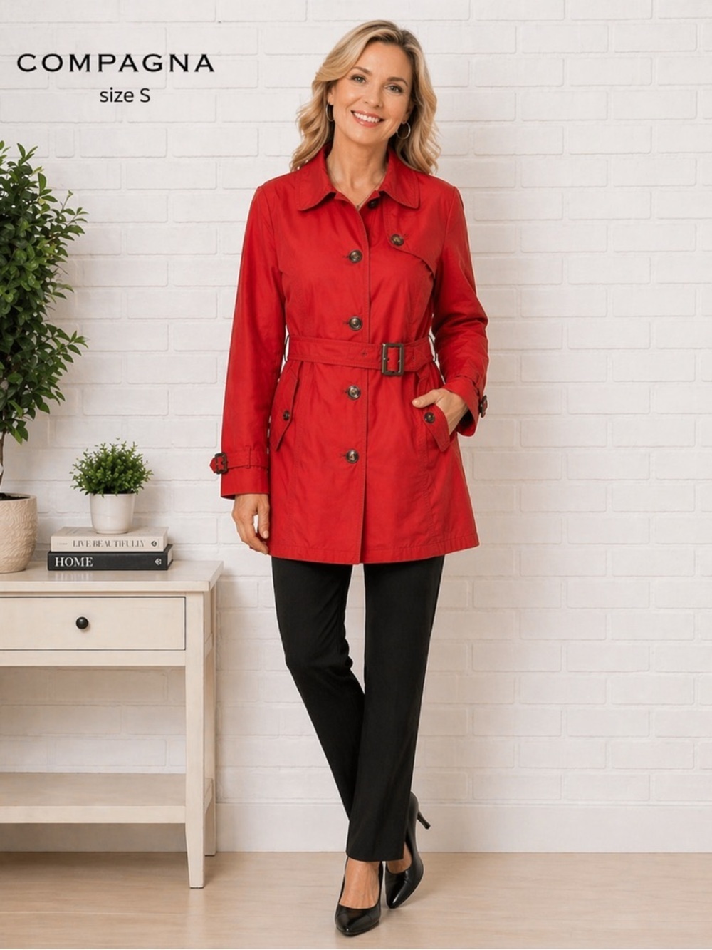 Compagna Red Belted Trench Coat Women's Size S